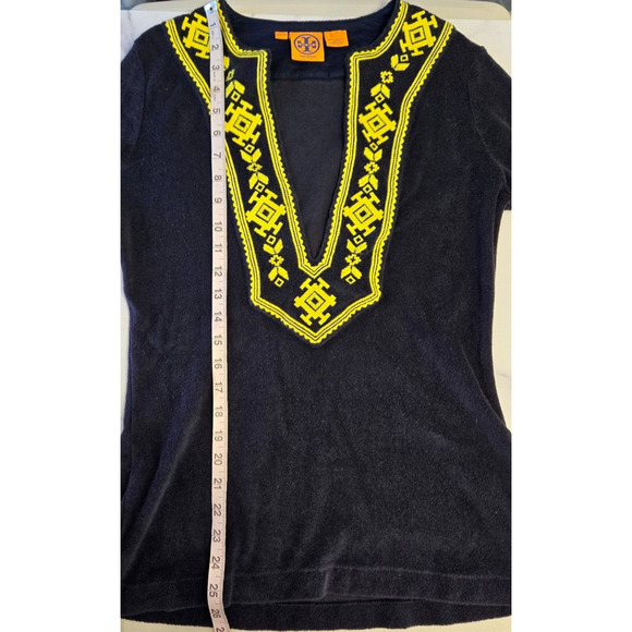 Tory Burch Terry Cloth Tunic Small Navy Yellow Embroidered Plunge Flare VTG Y2K - Picture 9 of 11